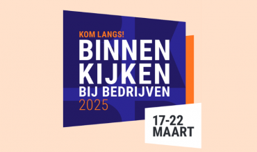 Graphic met tekst en paarse en beige vlakken. Tekst: 'Kom langs! Binnenkijken bij bedrijven 2025. 17-22 maart.'