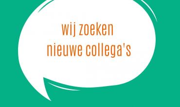Tekstbubbel met daarin de tekst: Wij zoeken nieuwe collega's. Eronder een link naar de vacaturepagina