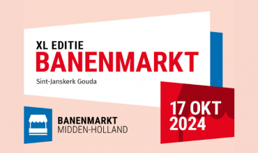 Tekst: 'Banenmarkt XL editie. Sint-Janskerk Gouda. 17 oktober 2024.'